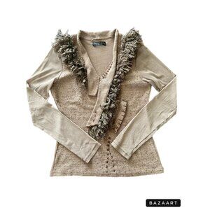 FORLA PARIS Taupe Ruffle V Neck Blouse M Mesh Sequin Whimsigoth Subversive Top L